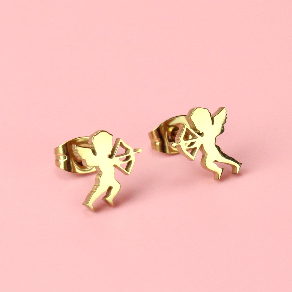 Gold plated stainless steel studs in the shape of a cherub with a bow and arrow