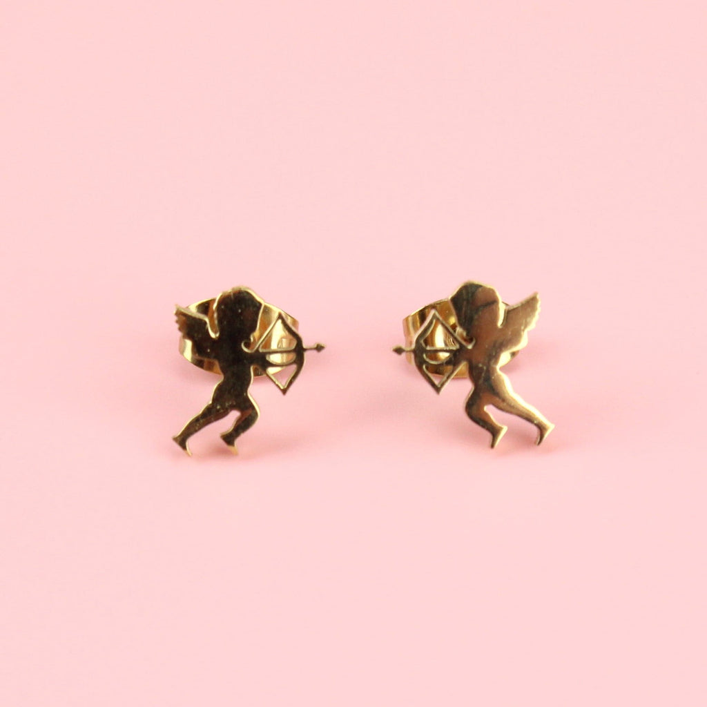 Gold plated stainless steel studs in the shape of a cherub with a bow and arrow