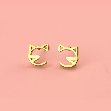 Cat Face Stud Earrings (Gold Plated) - Sour Cherry