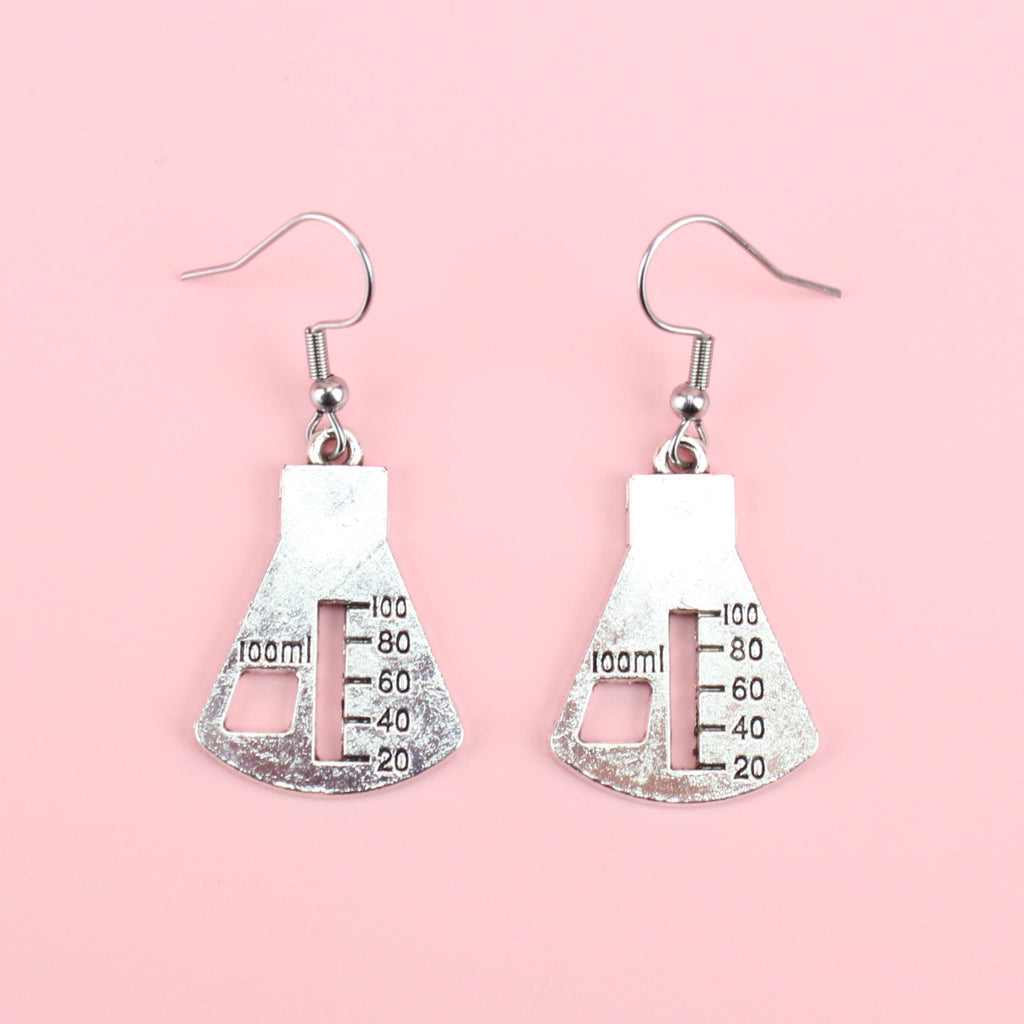 Silver plated conical flask charm on stainless steel earwires
