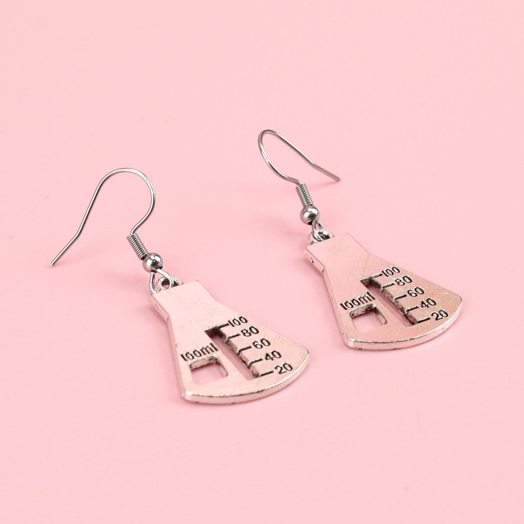 Silver plated conical flask charm on stainless steel earwires
