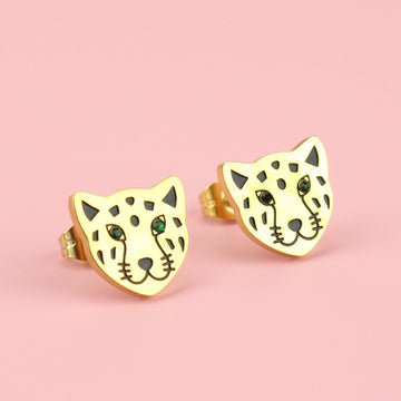 Gold plated stainless steel leopard face stud earrings with emerald eyes