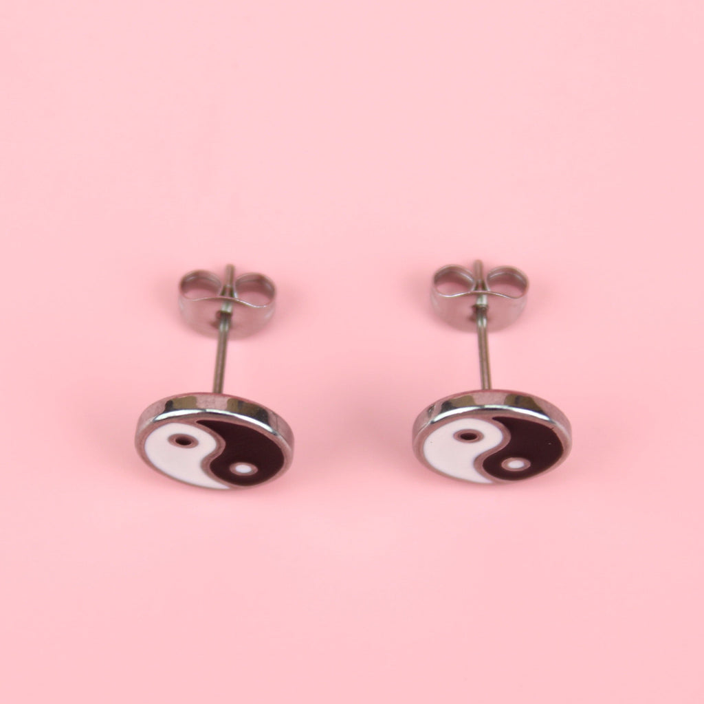 Stainless Steel studs with Yin and yang enamalled design