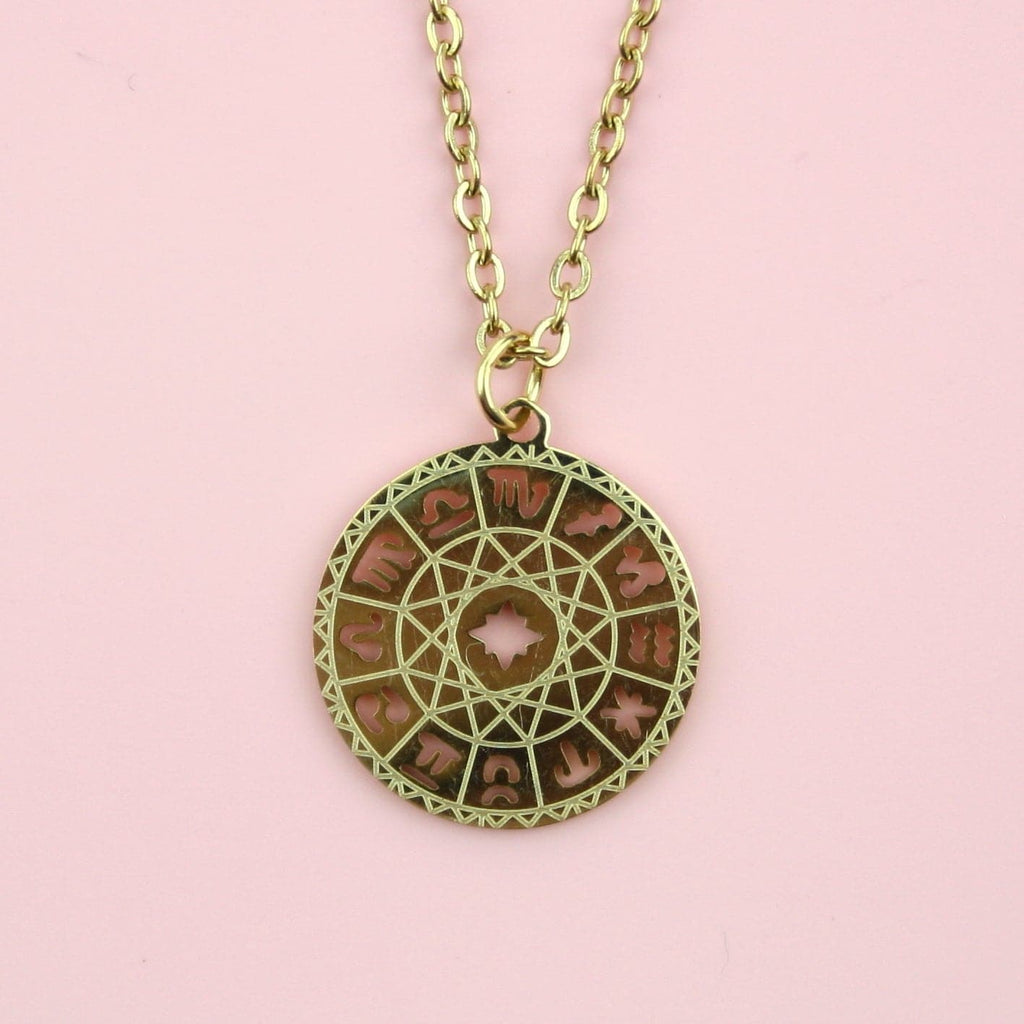 Gold plated stainless steel necklace with an astrology wheel pendant
