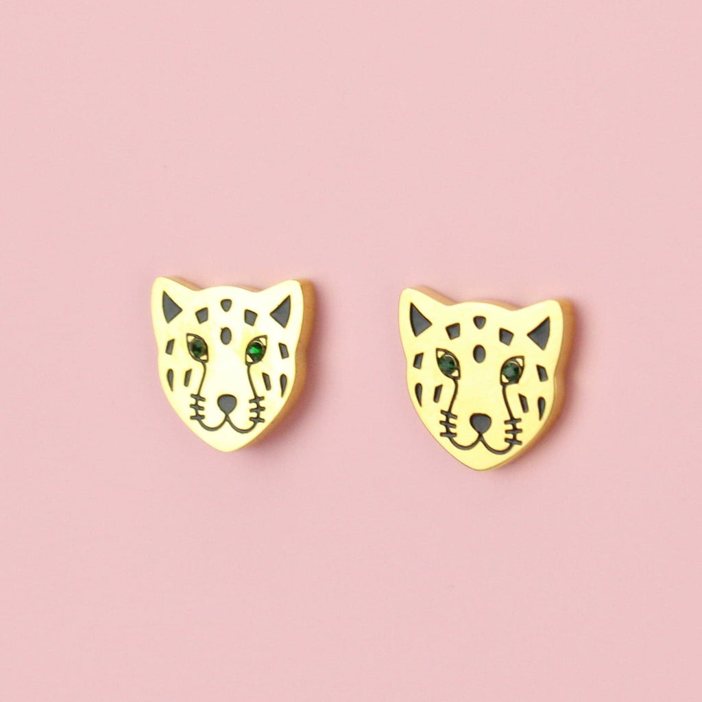 Gold plated stainless steel leopard face stud earrings with emerald eyes