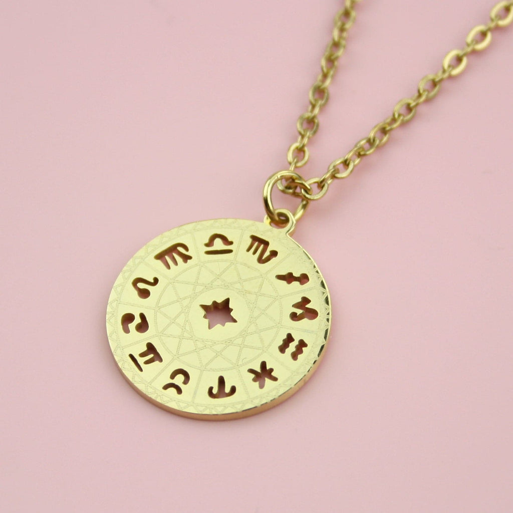 Gold plated stainless steel necklace with an astrology wheel pendant