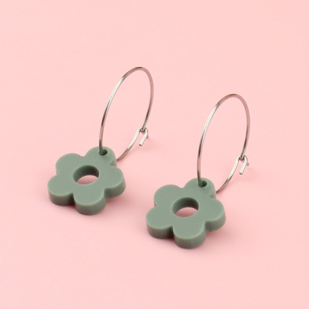 Sage green acrylic flower charms on stainless steel hoops