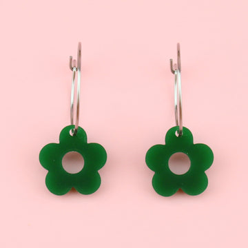 Dark green acrylic flower charms on stainless steel hoops