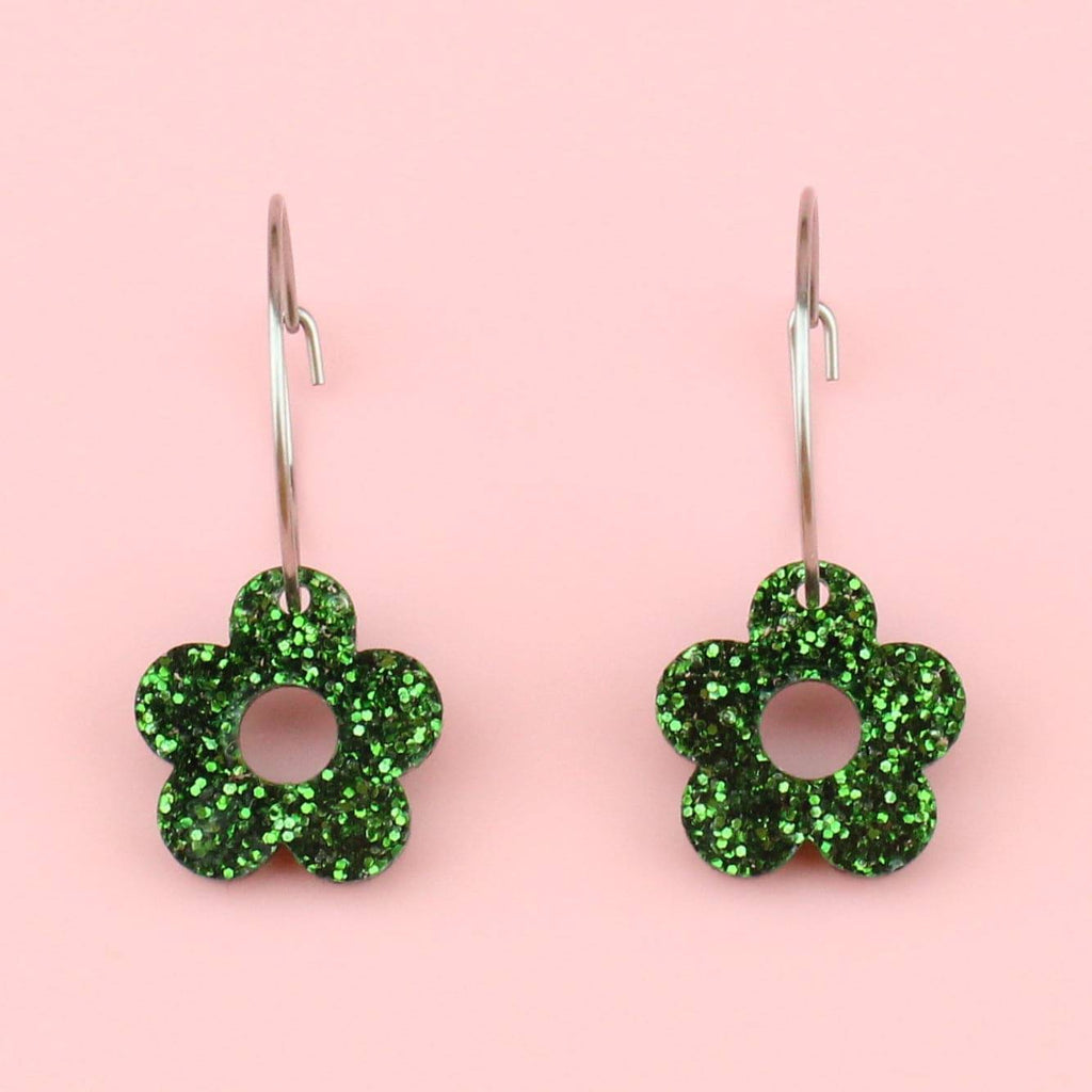 Blooming Botanicals Flower Hoop Earrings (Green Glitter) - Sour Cherry