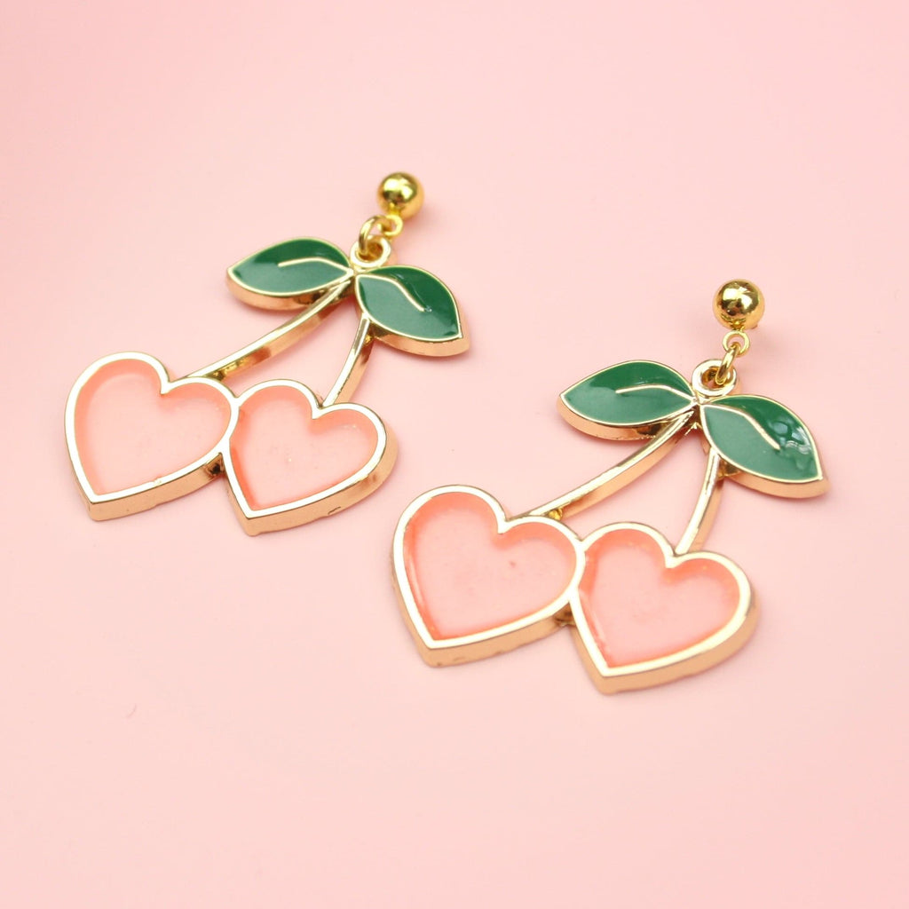 Gold plated cherry charms on gold plated stainless steel studs