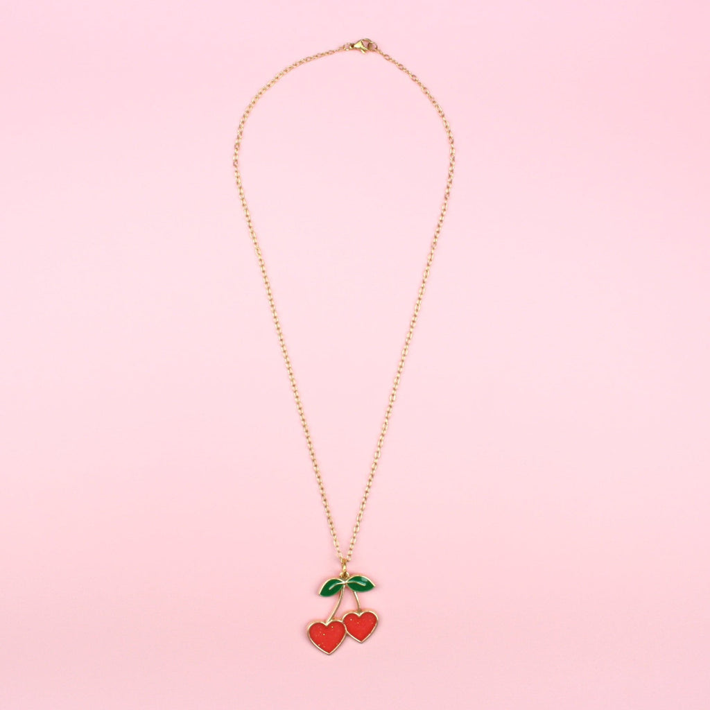 Gold plated stainless steel chain with cherry pendant with sparkly red hearts replacing the cherries
