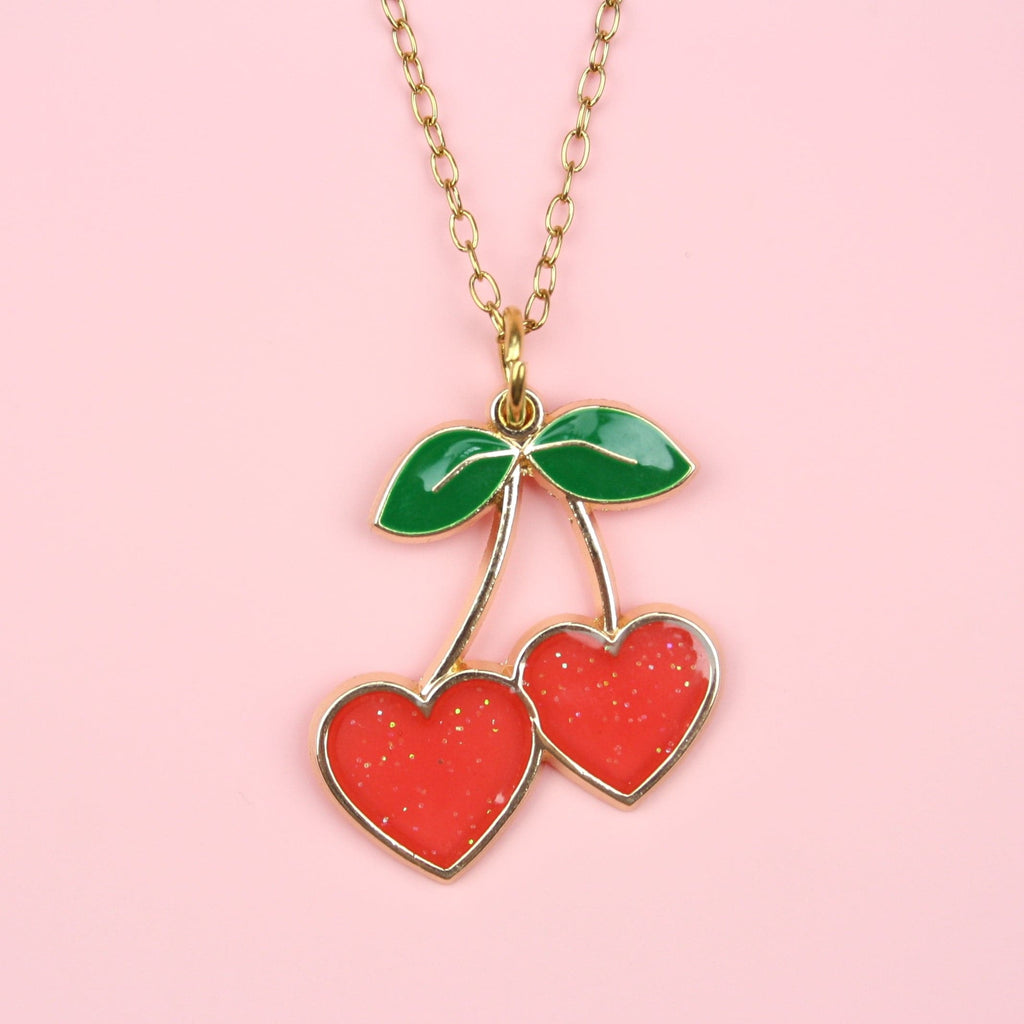 Gold plated stainless steel chain with cherry pendant with sparkly red hearts replacing the cherries
