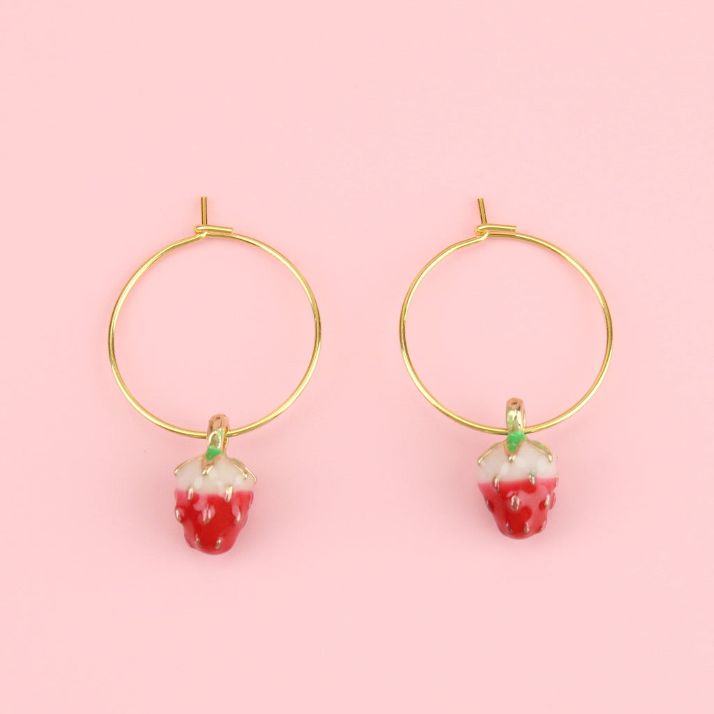 Gold plated stainless steel hoops with strawberry charms