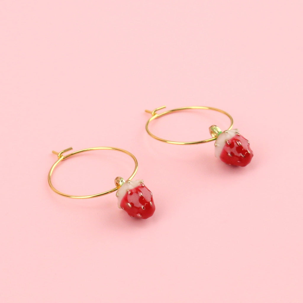 Gold plated stainless steel hoops with strawberry charms