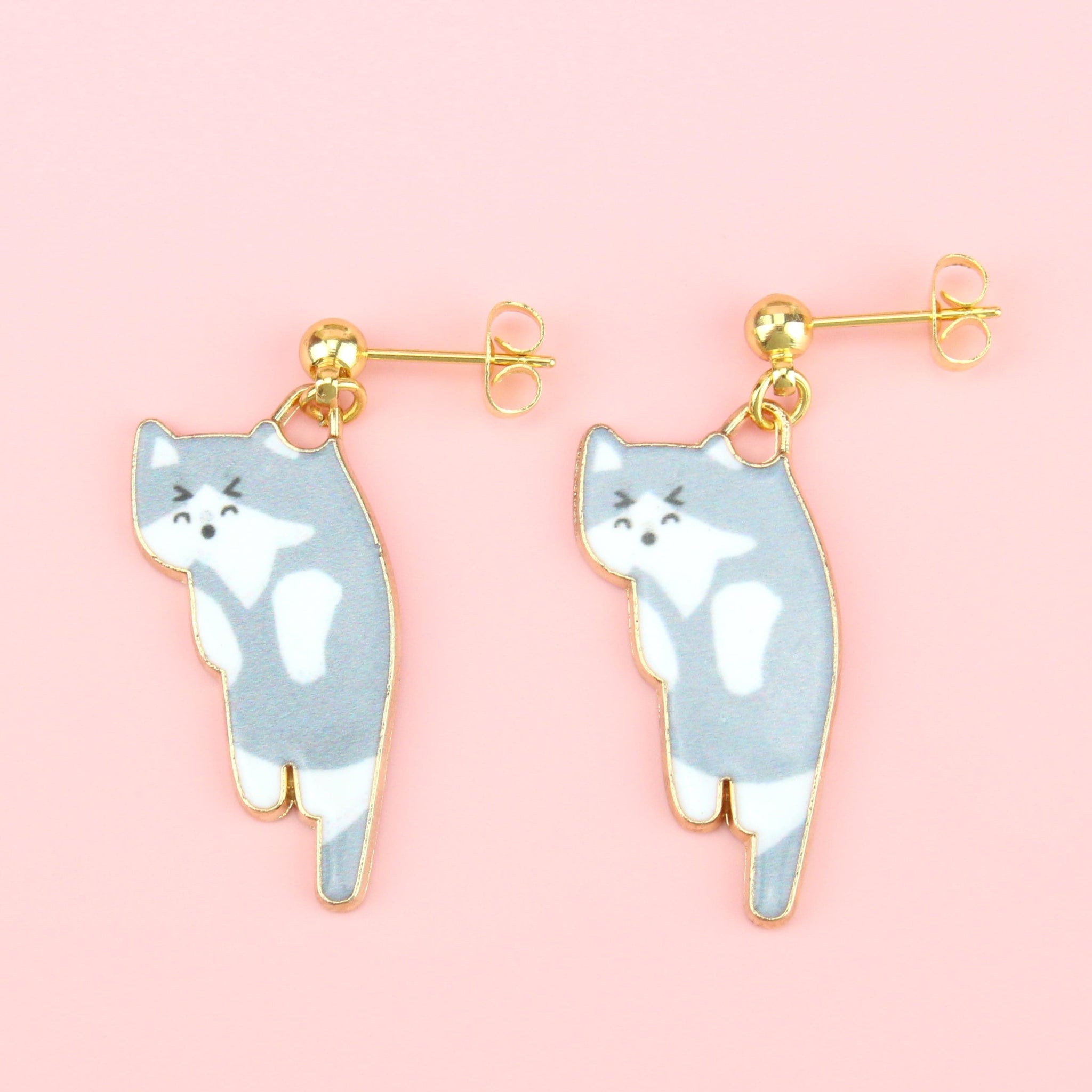 Grey White Cat Stud Earrings (Gold Plated)