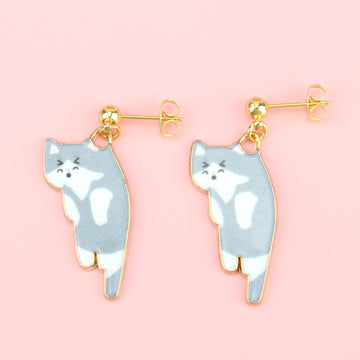 Grey & White Cat Stud Earrings (Gold Plated) - Sour Cherry