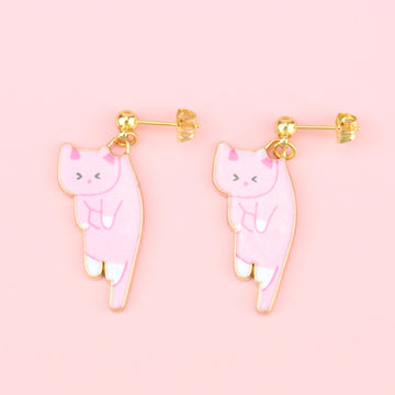 Pink & White cat charms on gold plated stainless steel studs