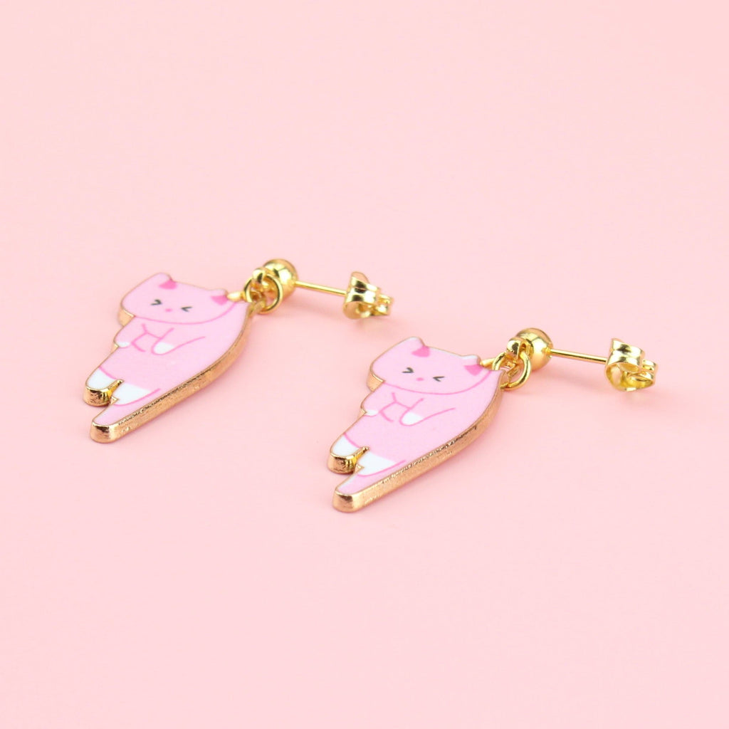 Pink & White cat charms on gold plated stainless steel studs