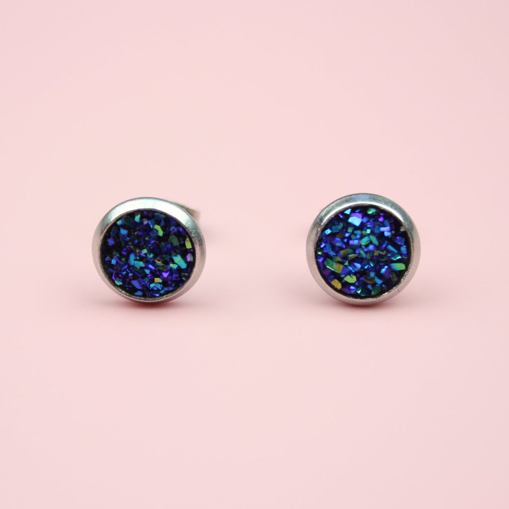 Blue Sparkle Studs with Faux Crystals on Stainless Steel