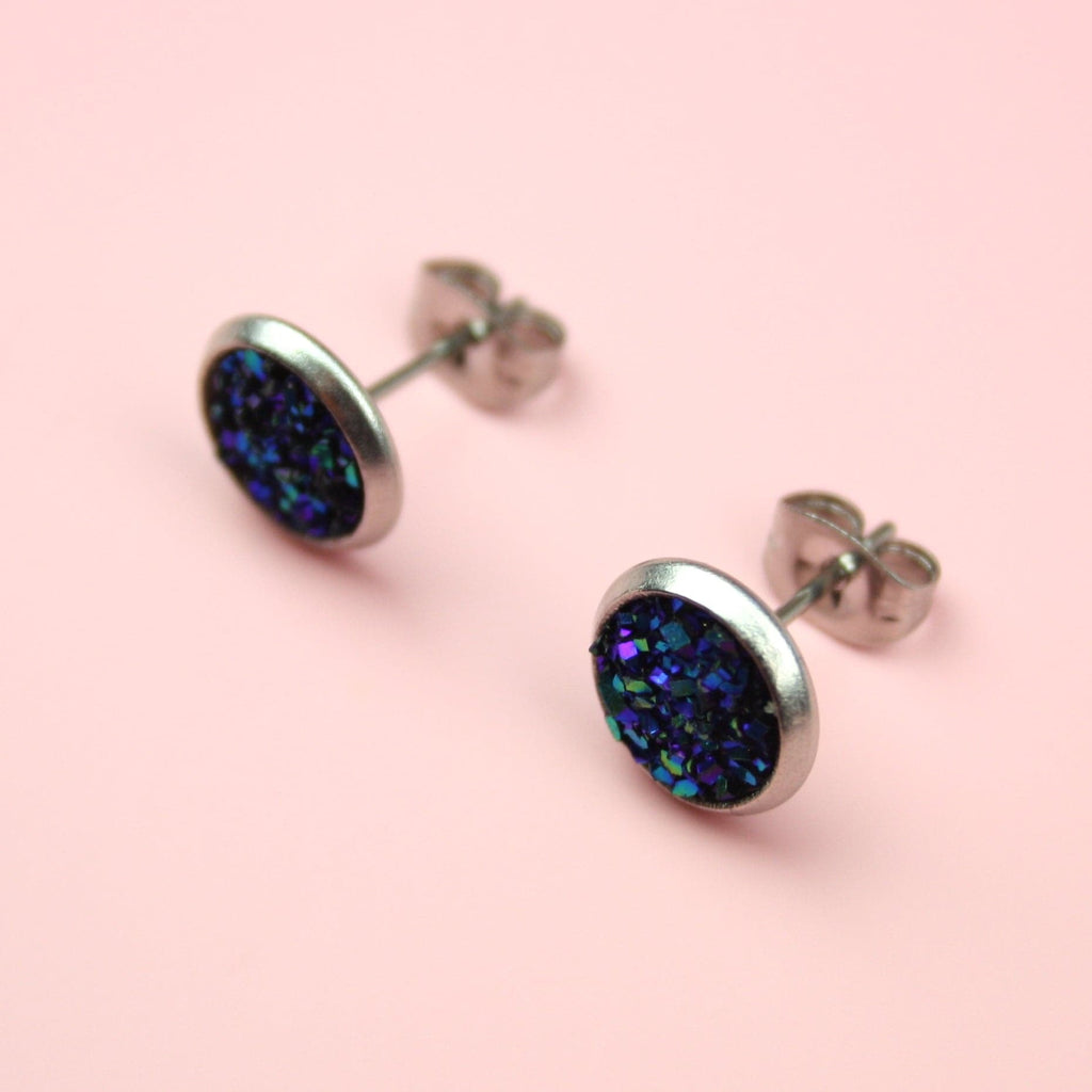 Blue Sparkle Studs with Faux Crystals on Stainless Steel