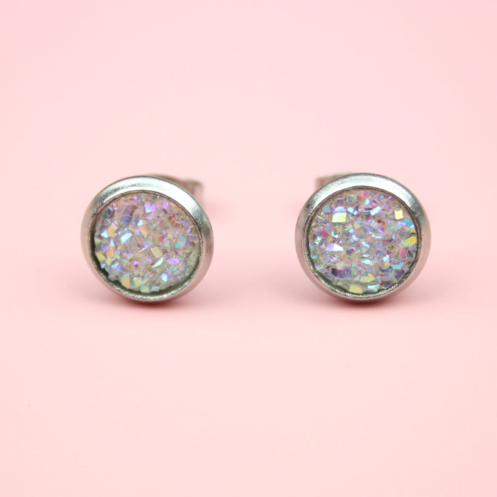 Iridescent Druzy Stud Earrings - Sour Cherry