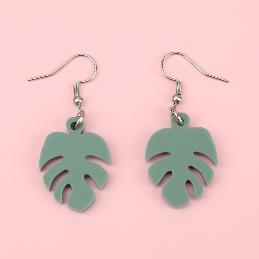 Small Sage Green Monstera Earrings on Stainless Steel Earwires