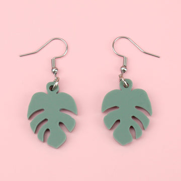 Small Sage Green Monstera Earrings on Stainless Steel Earwires