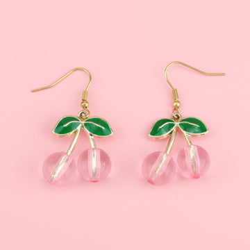 Gold plated metal green leaves with pink plastic cherry charms on gold plated stainless steel earwires