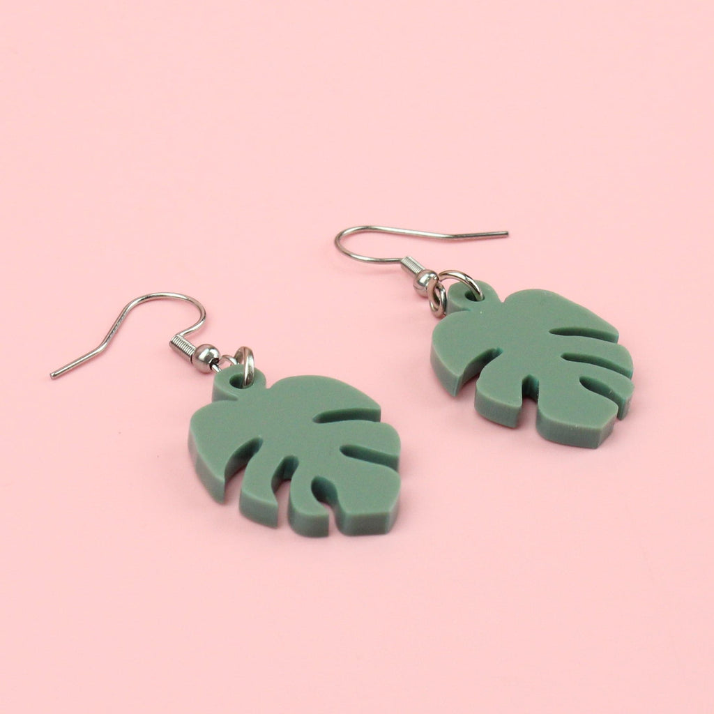 Small Sage Green Monstera Earrings on Stainless Steel Earwires