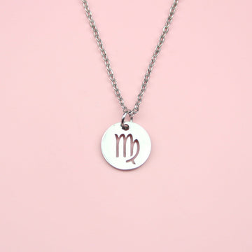 A Stainless Steel Circle Charm with Cut Out Virgo Symbol on a Stainless Steel chain
