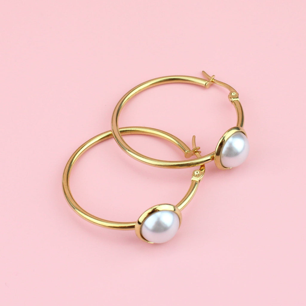 Gold Plated Stainless Steel hoops with faux pearl detail