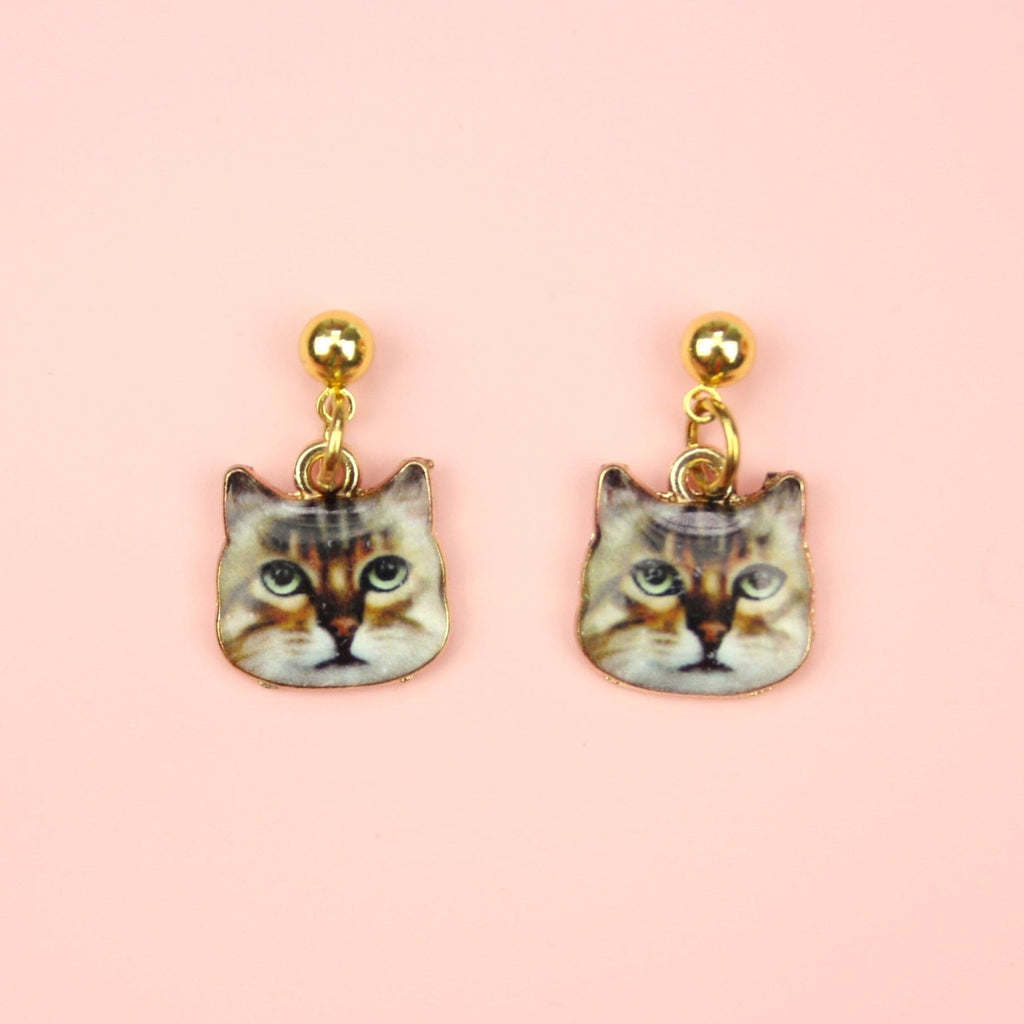 Gold Plated Stainless Steel Studs showing a Tabby Cat's face