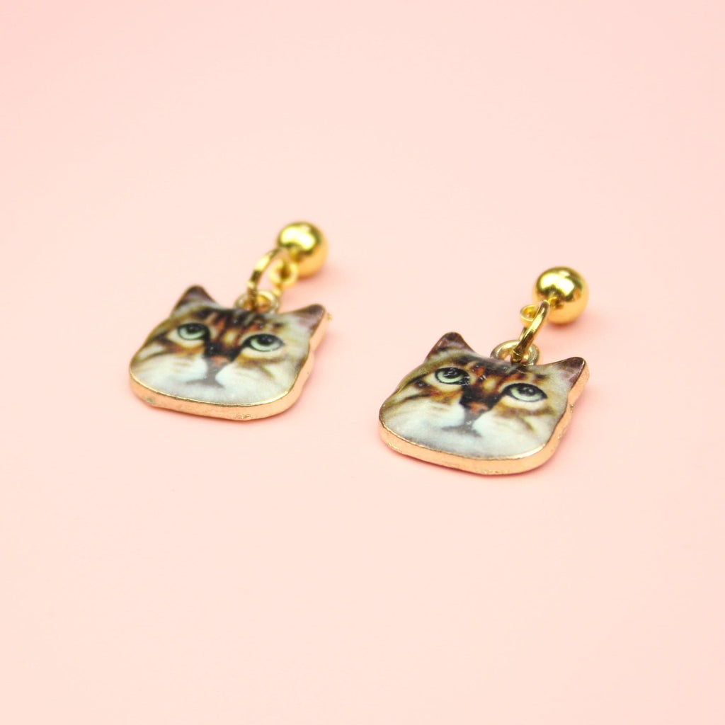 Gold Plated Stainless Steel Studs showing a Tabby Cat's face