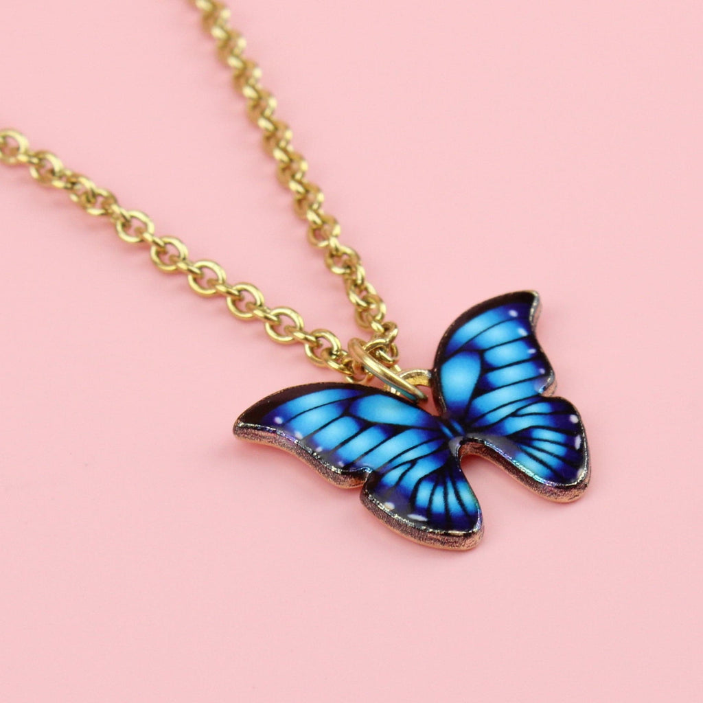 Blue Butterfly Charms on a Gold Plated Stainless Steel chain