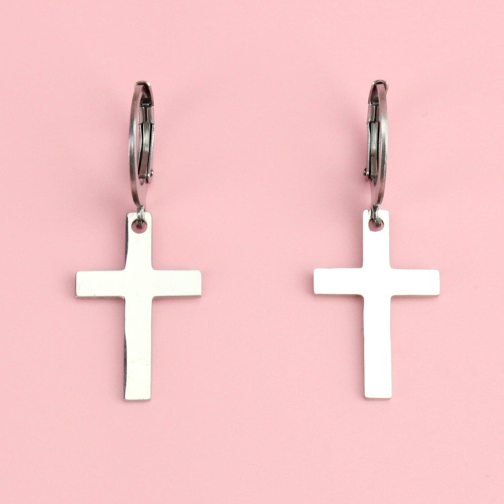 Cross charms on stainless steel huggie hoops