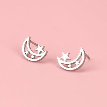 Moon & Three Star Stud Earrings - Sour Cherry