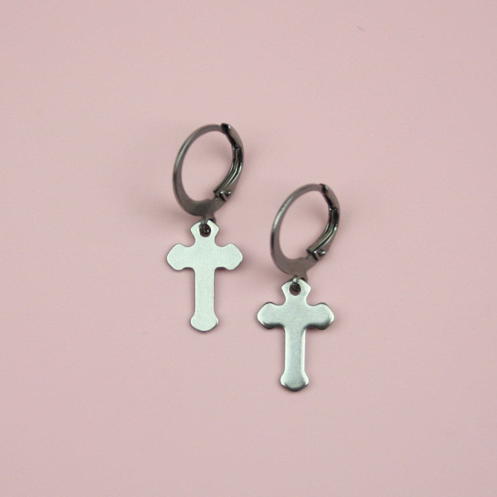 Stainless Steel hoops featurin a gothic cross charm
