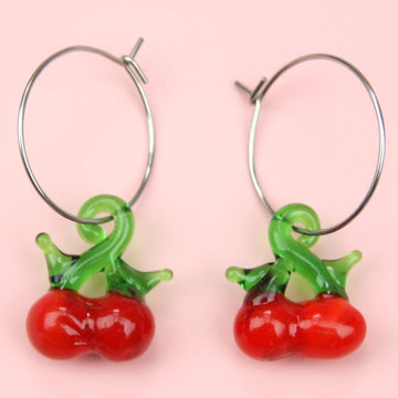 Glass cherry charms on stainless steel hoops
