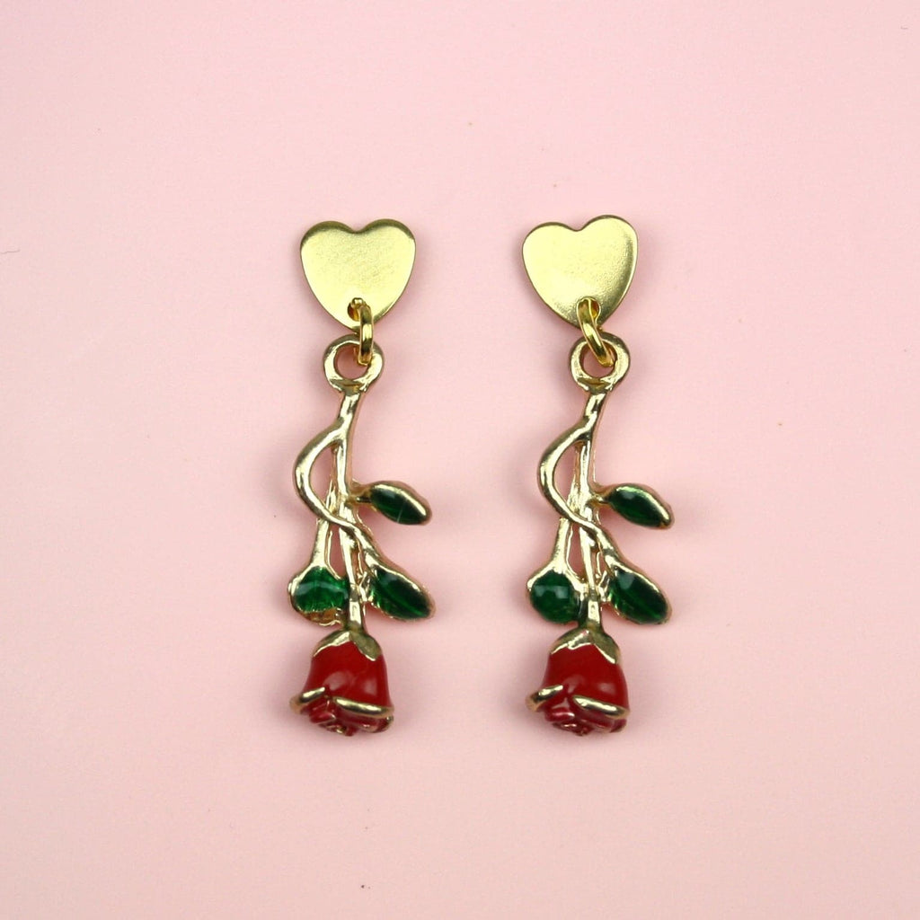 Gold plated heart shaped stainless steel studs with a red rose charm