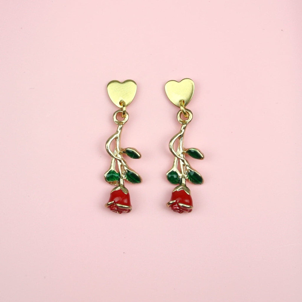 Gold plated heart shaped stainless steel studs with a red rose charm