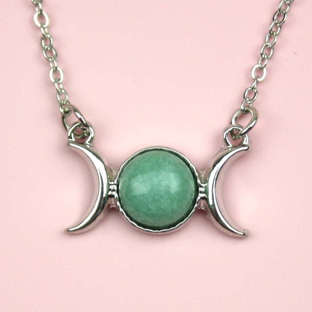 Green Aventurine Charm with 2 Crescent Moons either side of it on a Stainless Steel chain