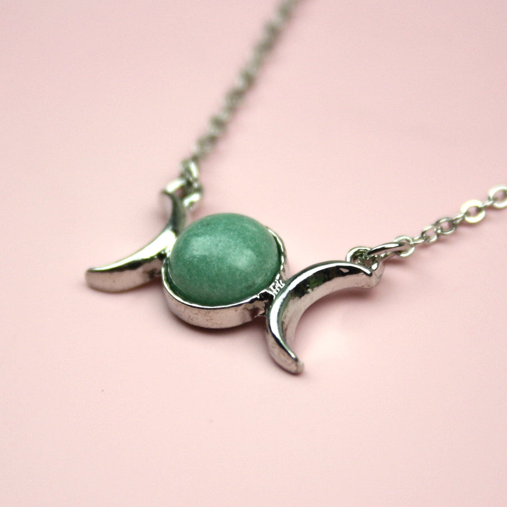 Green Aventurine Charm with 2 Crescent Moons either side of it on a Stainless Steel chain