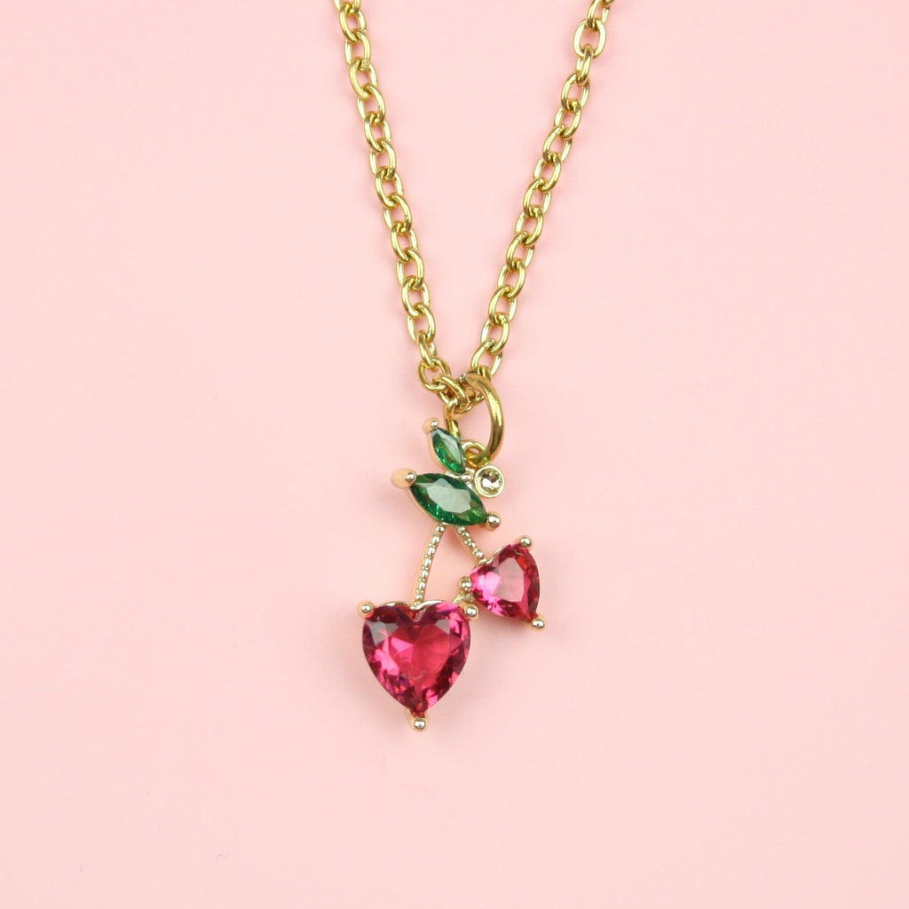 Cherry pendant with glass-style cherries and leaves on a gold plated stainless steel chain