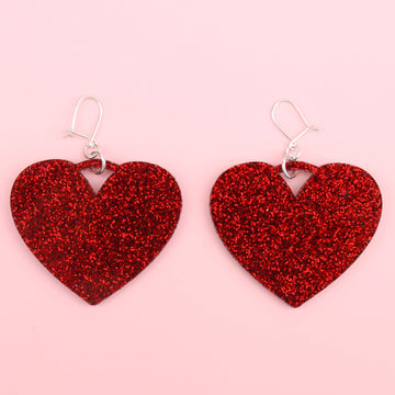 Red Glitter Heart Drop Earrings - Sour Cherry