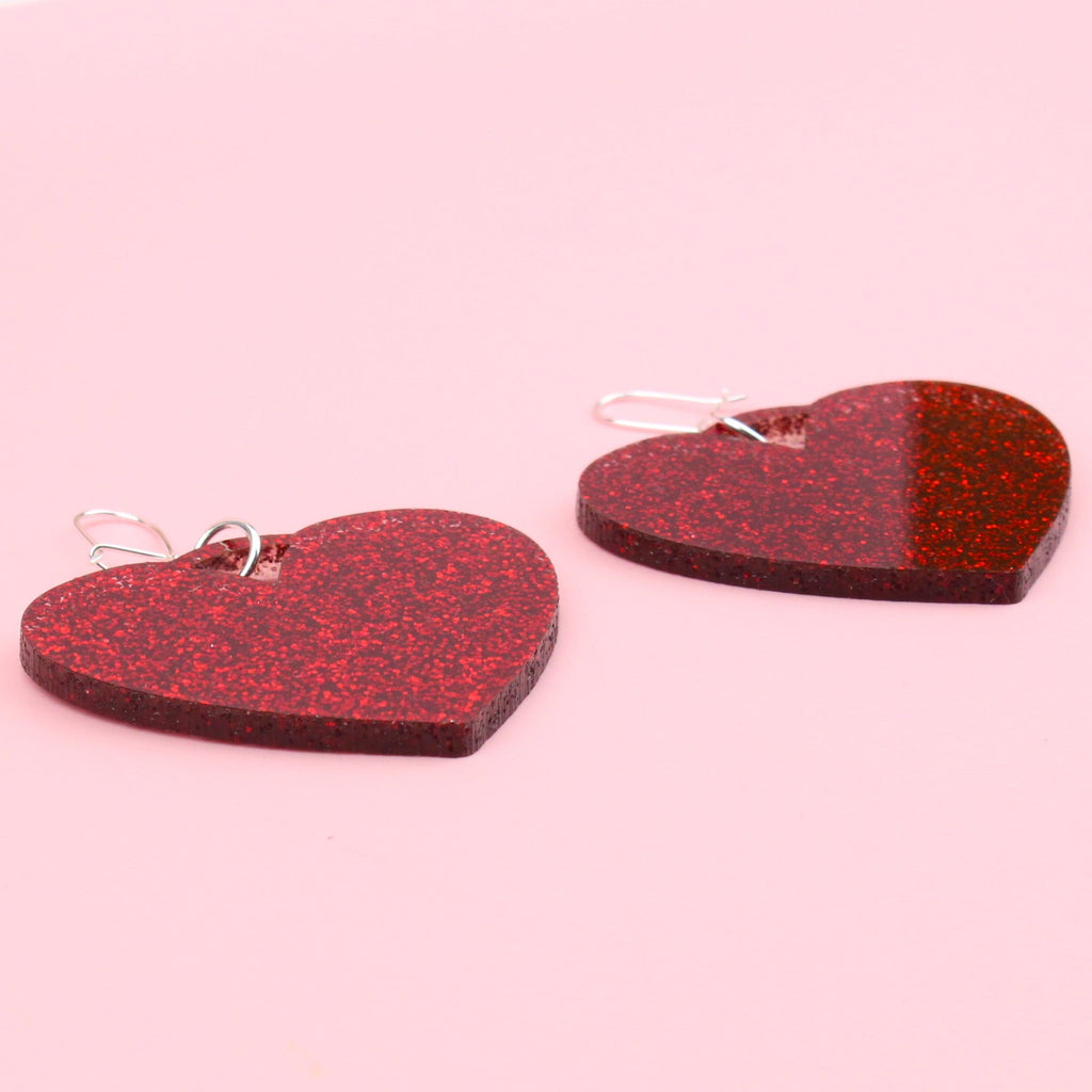 Red Glitter Heart Drop Earrings - Sour Cherry