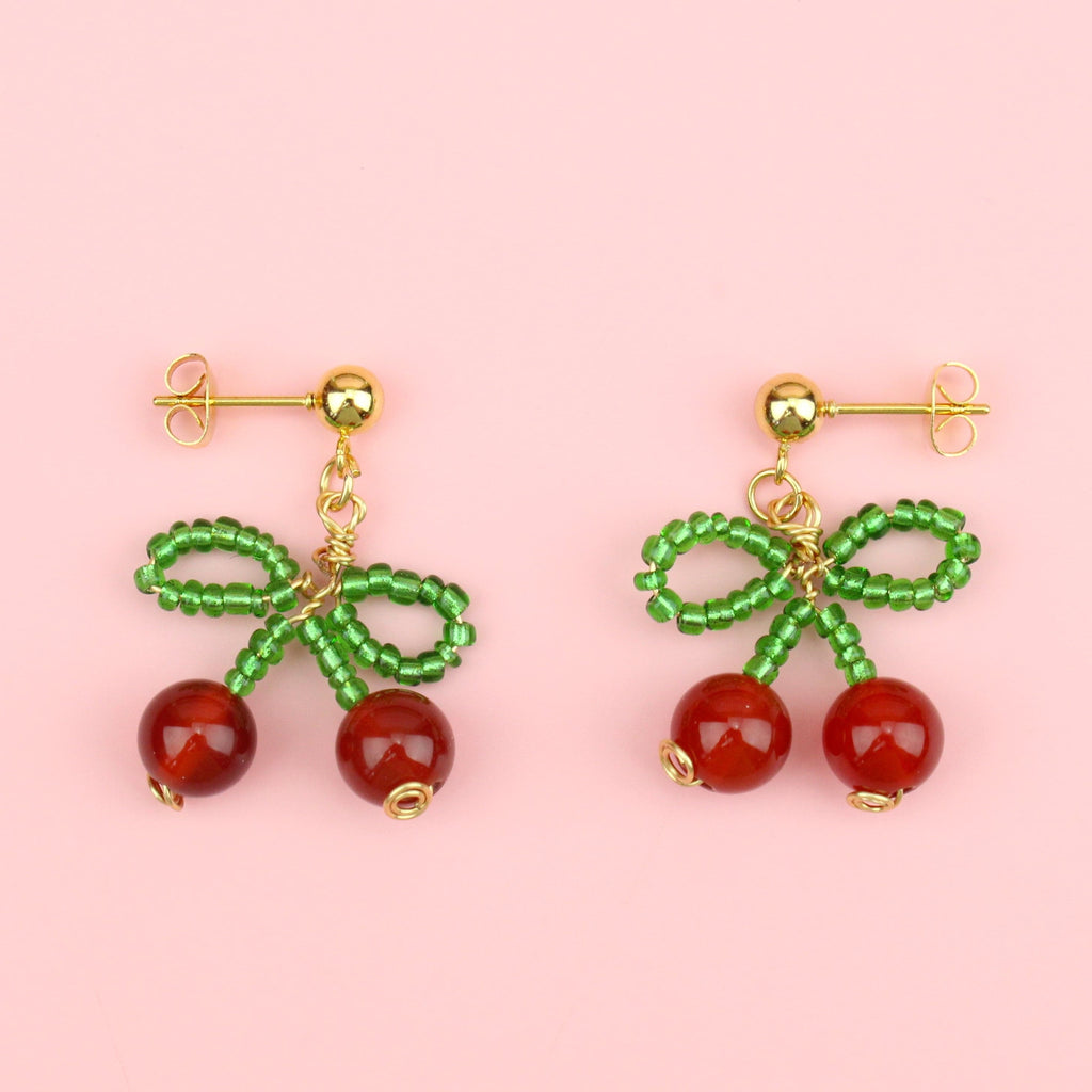 Beaded Cherry Bow Earrings - Sour Cherry