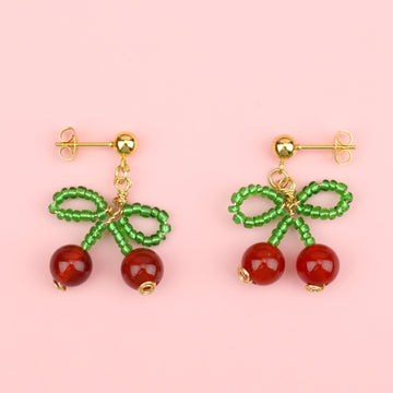 Beaded Cherry Bow Earrings - Sour Cherry