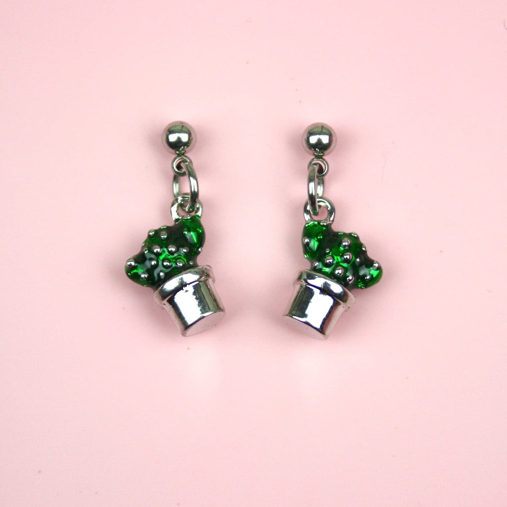 3D Silver plated & enamelled cacti charms on stainless steel ear studs
