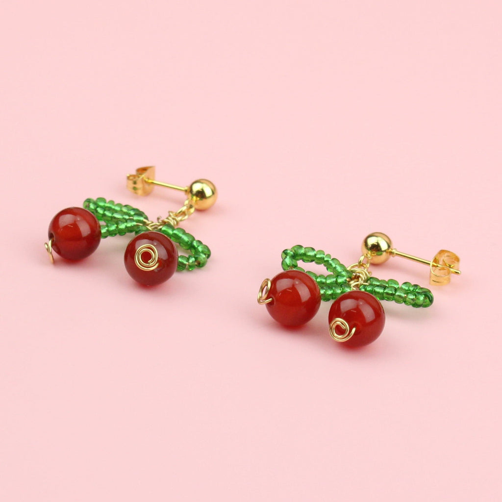 Beaded Cherry Bow Earrings - Sour Cherry