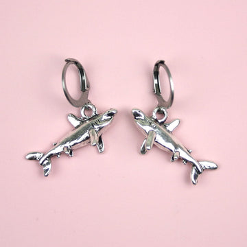 3D Shark charms on stainless steel huggie hoops